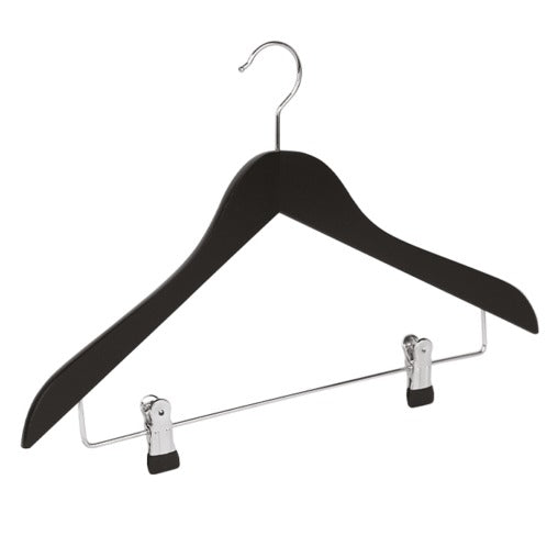 Gruccia in legno di faggio con asta metallica e pinze scorrevoli, gancio nichelato, colore nero, 44 x 1,3 cm, confezione da 50 pz.
