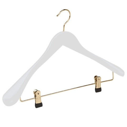 Gruccia in faggio a spalla larga con asta e pinze, gancio dorato, bianco, 44x5 cm, 50 pz