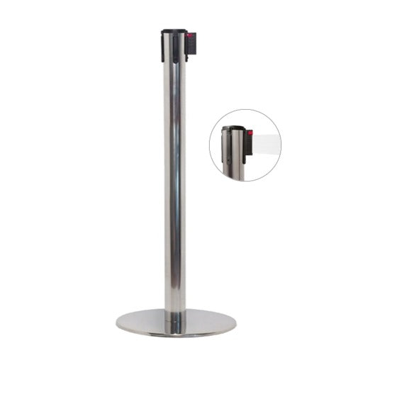 Colonna di delimitazione in acciaio lucido e nastro bianco, diam. 35 x h 101 cm