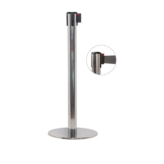 Colonna di delimitazione in acciaio lucido e nastro nero, diam. 35 x h 101 cm