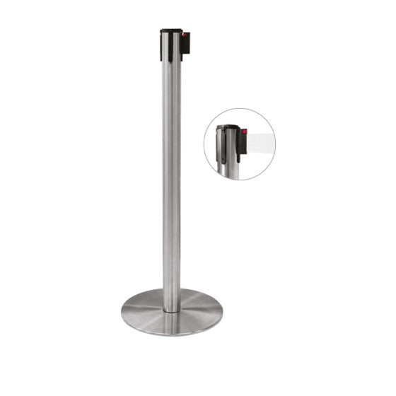 Colonna di delimitazione in acciaio satinato e nastro bianco, diam. 35 x h 101 cm.