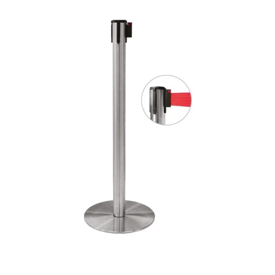 Colonna di delimitazione in acciaio satinato e nastro rosso, diam. 35 x h 101 cm