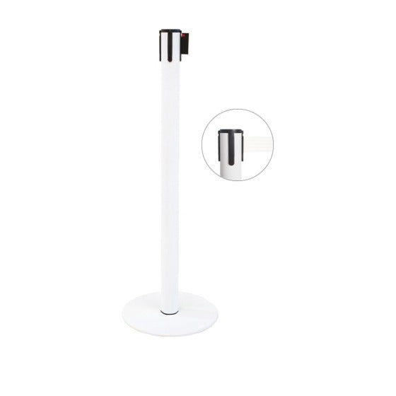 Colonna di delimitazione in metallo bianco lucido e nastro bianco, diam. 35 x h 101 cm