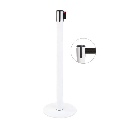 Colonna di delimitazione in metallo bianco lucido e nastro nero, diam. 35 x h 101 cm