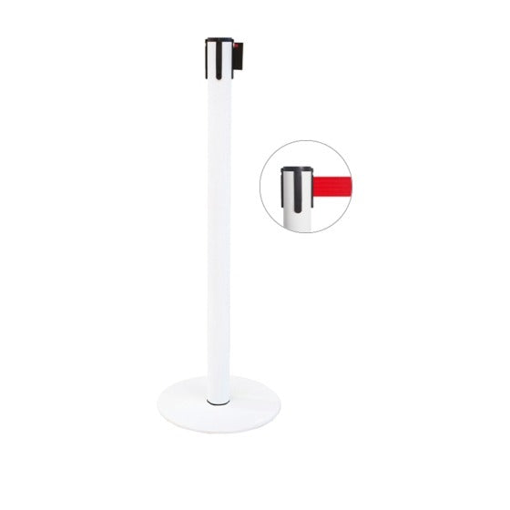 Colonna di delimitazione in metallo bianco lucido e nastro rosso, diam. 35 x h 101 cm