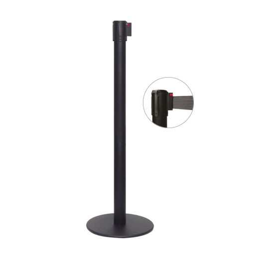 Colonna di delimitazione in metallo nero opaco e nastro nero, diam. 35 x h 101 cm