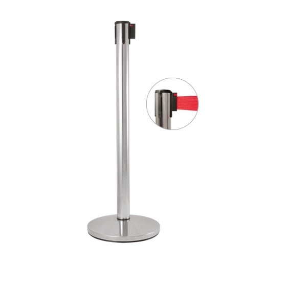 Colonna di delimitazione in acciaio lucido e nastro rosso, diam. 36 x h 101 cm