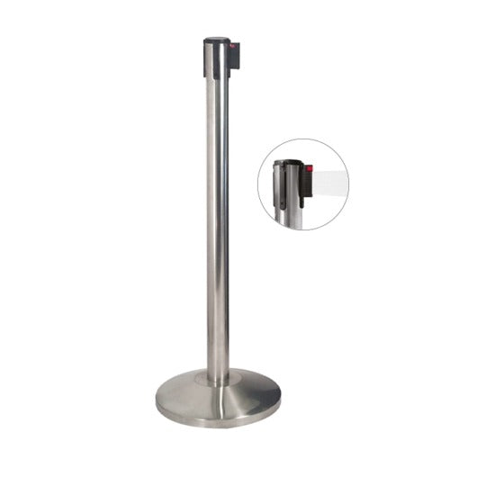 Colonna di delimitazione in acciaio satinato e nastro bianco, diam. 36 x h 101 cm