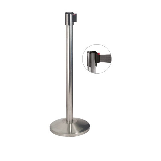 Colonna di delimitazione in acciaio satinato e nastro nero, diam. 36 x h 101 cm