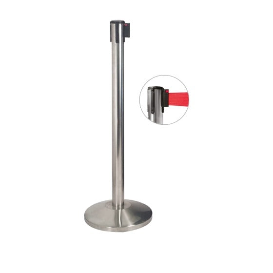 Colonna di delimitazione in acciaio satinato con nastro rosso, diam. 36 x h 101 cm