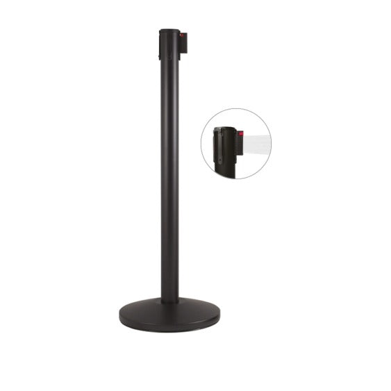 Colonna di delimitazione in metallo nero opaco e nastro bianco, diam. 36 x h 101 cm