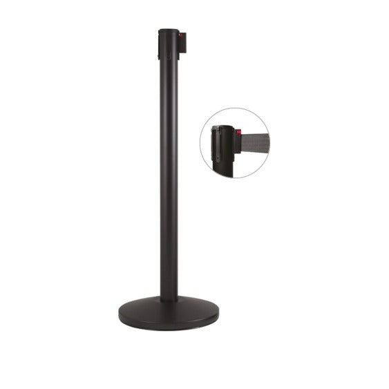 Colonna di delimitazione in metallo nero opaco e nastro nero, diam. 36 x h 101 cm