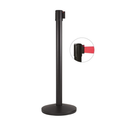 Colonna di delimitazione in metallo nero opaco e nastro rosso, diam. 36 x h 101 cm