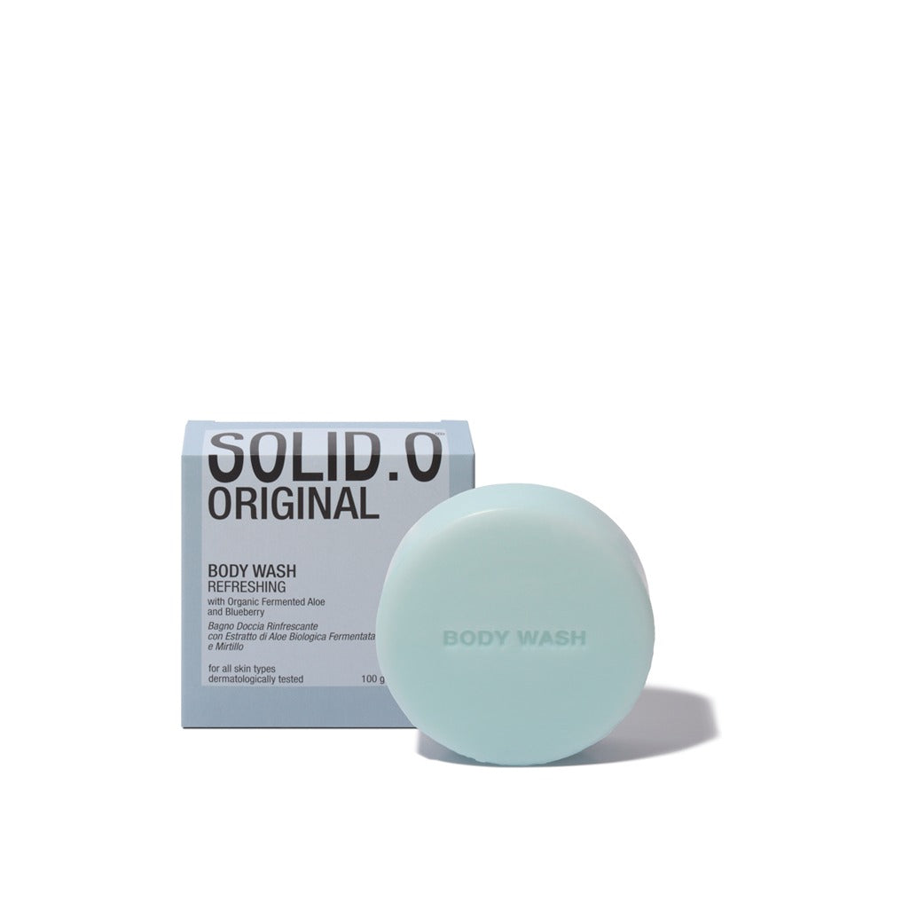 Solid.O, solid Body Wash in a box, with fermented Organic Aloe extract and blueberry, 100 g