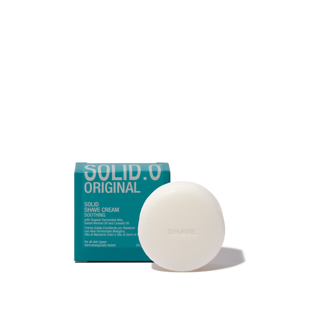 Solid.O, feste Rasiercreme in blauer Schachtel, mit Bio-fermentierter Aloe, Süßmandelöl und Leinsamen, 50g