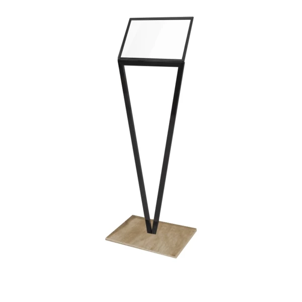 Infoständer aus anthrazitfarbenem Edelstahl und Basis aus naturfarbenem Holz | Steel Line