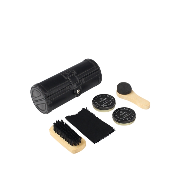 Shoe care kit in cylindrical black synthetic leather case | Amonn