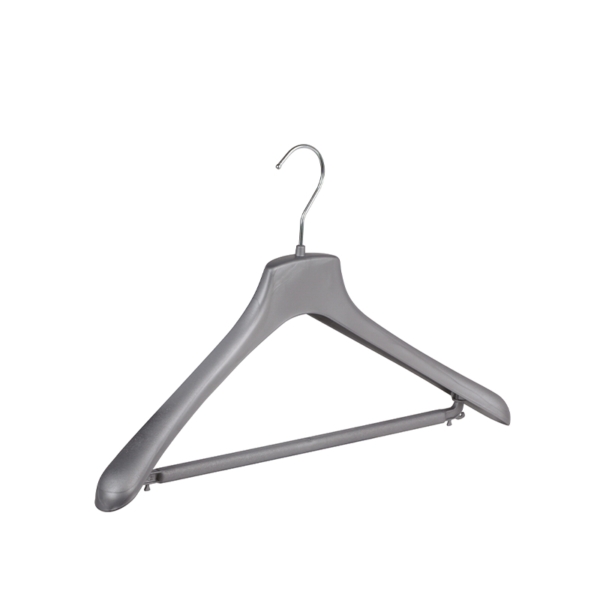 Silver plastic clothes hanger with rod, chromed hook - 100pcs | Amonn