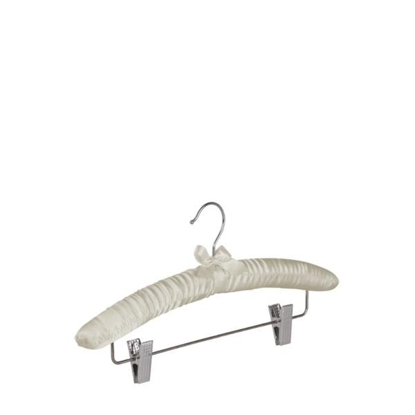Ivory padded satin clothes hanger with hook and adjustable clips - 100pcs | Amonn