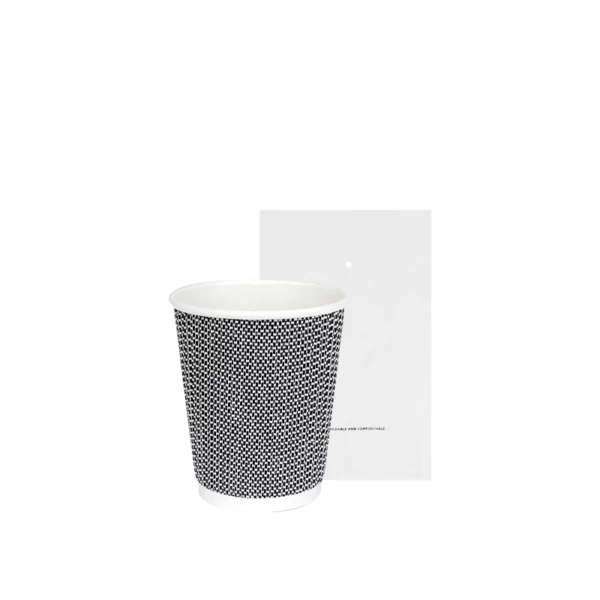    Bicchiere in cartoncino biodegradabile con fantasia 3D nera, imbustato, 240ml - 500pz | Amonn  