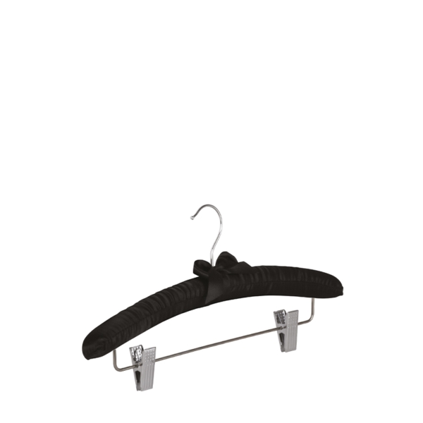 Black padded satin clothes hanger with hook and adjustable clips - 100pcs | Amonn